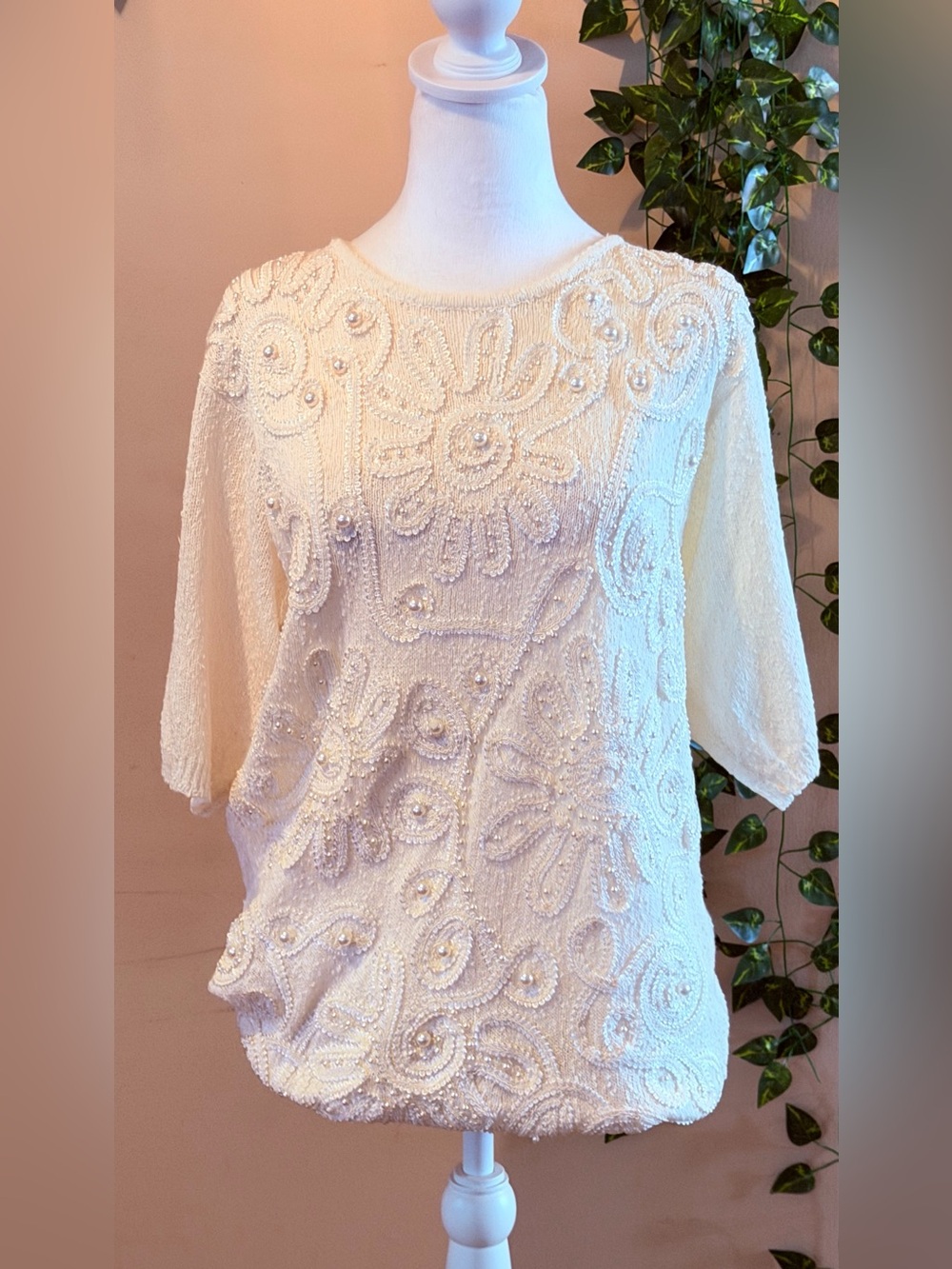 VINTAGE 1985 FULLY FASHION Cream Beaded Floral Embellished Women's Blouse